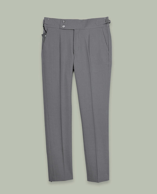 Grey colour men’s pant featuring a clean waistband with side buckle adjusters, neat front pleats, slant pockets and back welt pockets, finished with a straight leg fit.