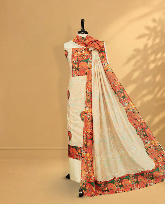 Cream colour salwar material Featuring Indian Art forms Print on body, paired with matching bottom & Elegant Dupatta.