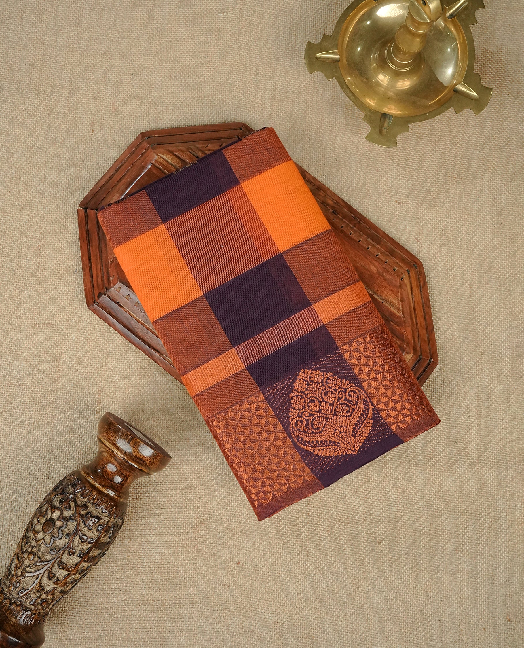 Deep purple & Orange colour chettinad cotton saree featuring check pattern on body, complemented by Self Colour with gold zari border, comes with matching blouse piece.