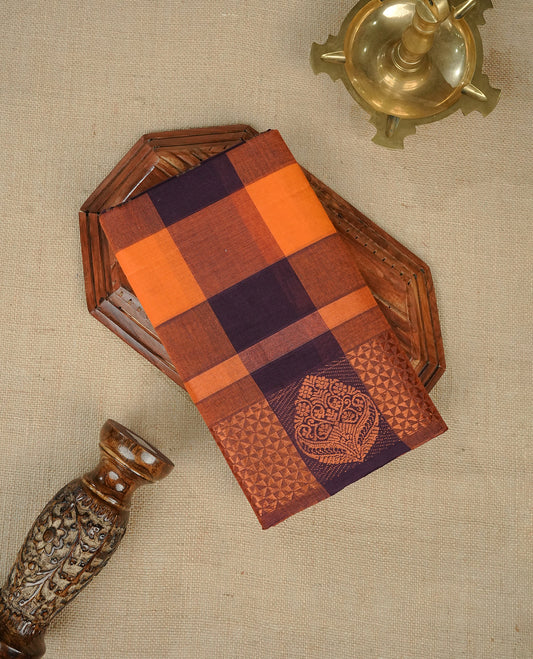 Deep purple & Orange colour chettinad cotton saree featuring check pattern on body, complemented by Self Colour with gold zari border, comes with matching blouse piece.