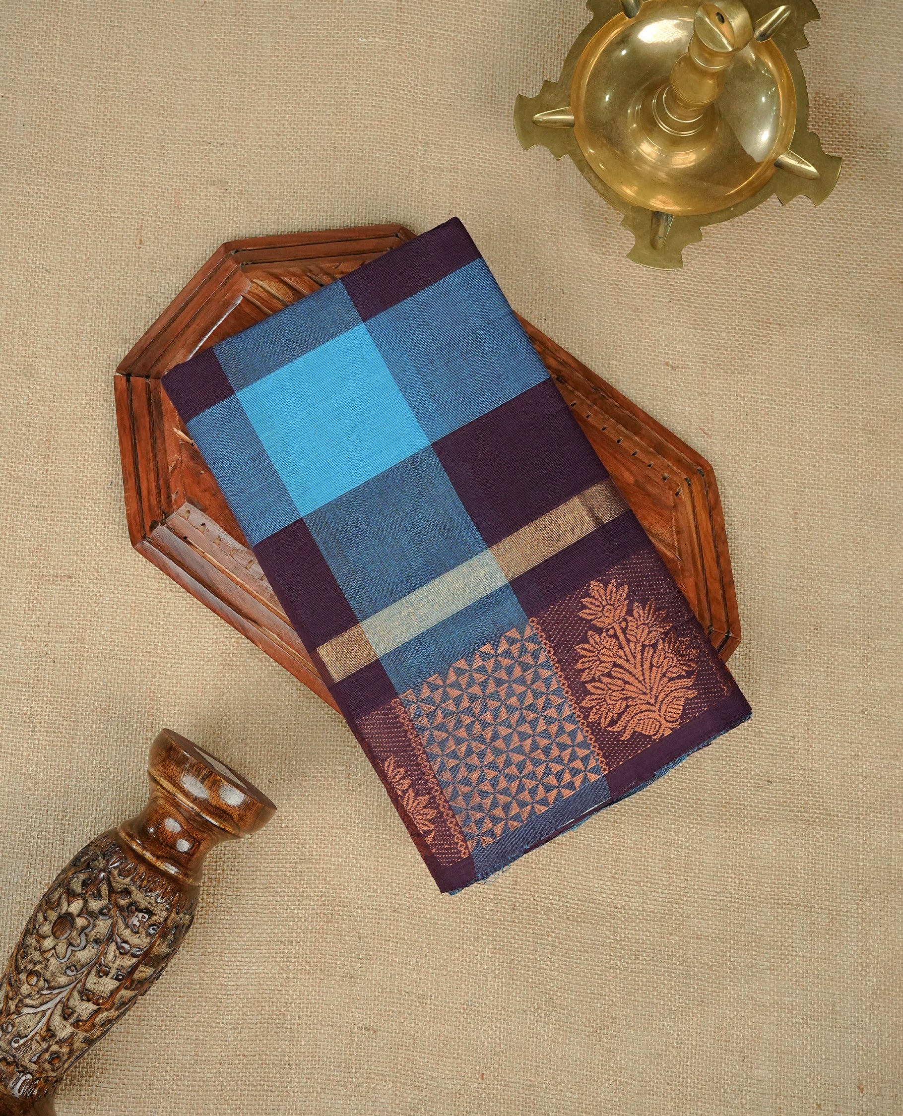Blue & Purple colour chettinad cotton saree featuring check pattern on body, complemented by Self Colour with gold zari border, comes with matching blouse piece.