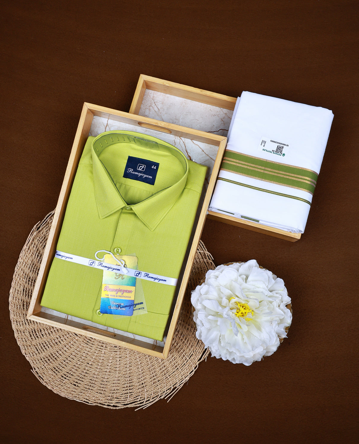 Lime Green colour RAMAJAYAM shirt paired with a matching dhoti, finishing with a Green & Gold kara