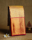 Gold & Magenta double shade colour kancheepuram tissue silk saree featuring gold zari floral kodi pattern on body, complemented by contrast magenta colour with traditional border, paired with matching blouse piece.