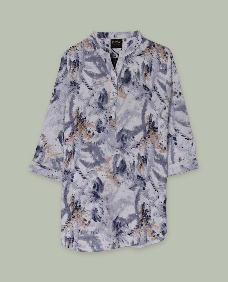 White and grey abstract printed tunic top with band collar, half button placket, three-quarter sleeves, and a curved high-low hem.
