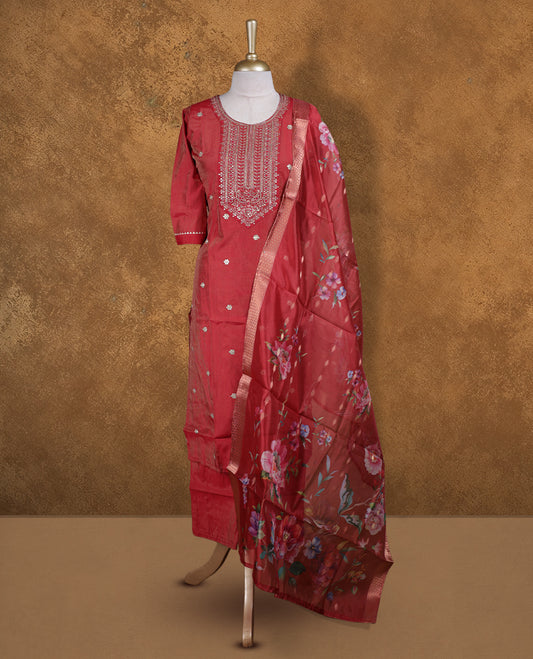 Dark Red colour churidar set featuring thread and cut beats embroidered neckline, sleeves, and Gold colour motifs on body , Paired with a matching dupatta