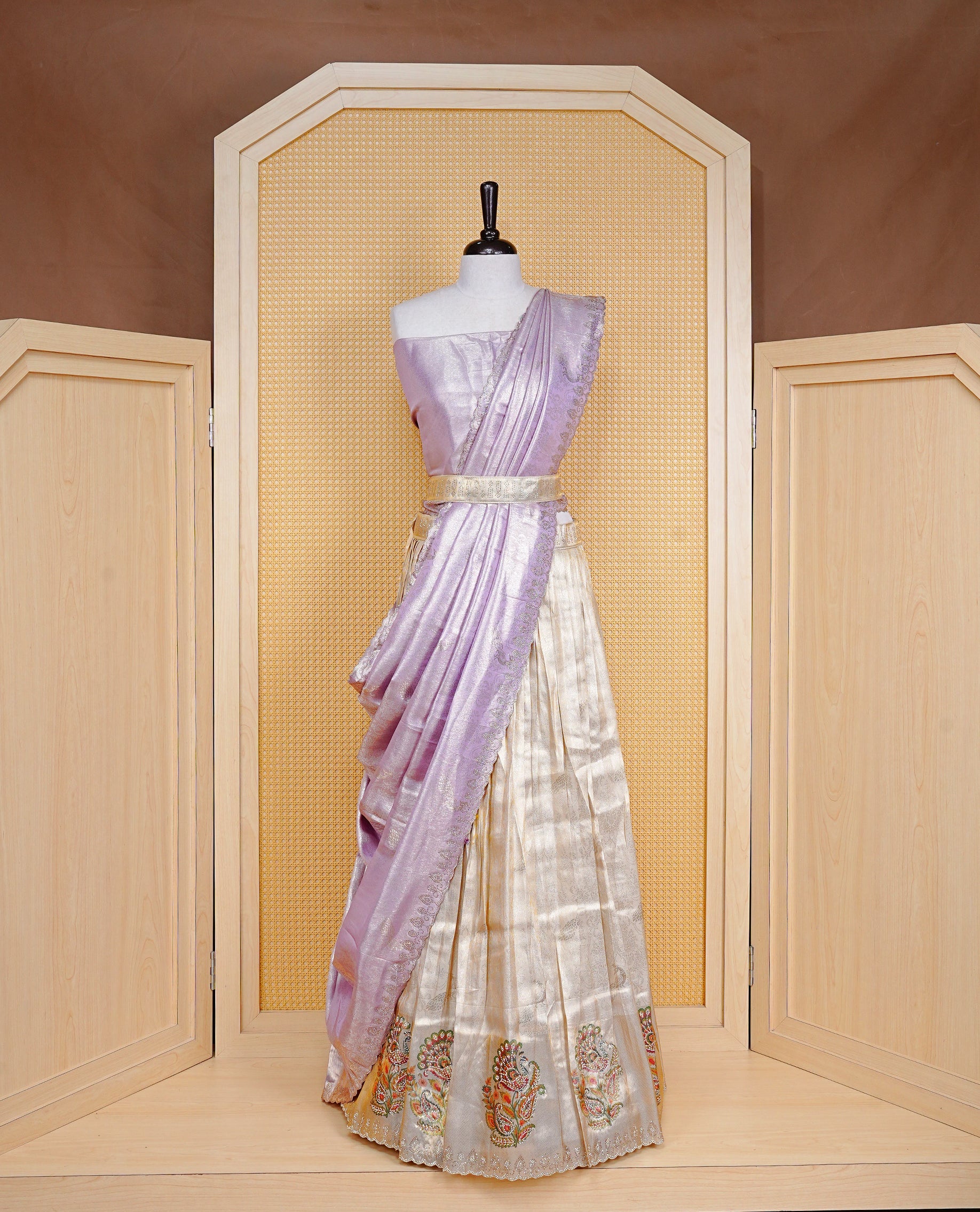 Light gold & Light Lavender Semi Stitched Dhavani Set Light Gold Skirt With Peacock Pattern With Stone Worked Border, Paired with Unstitched Blouse, Elegant Dupatta For Prefect look.