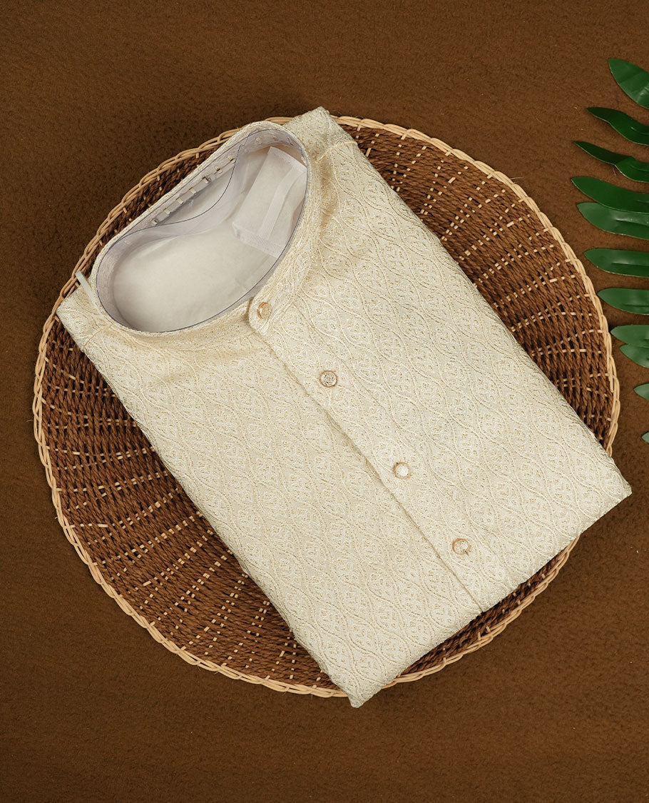 Cream colour mens kurta featuring elegant self colour & gold embroidery across body & Crafted in a refined style with full sleeves, offering a perfect blend of tradition.