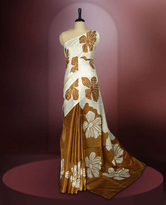 Mustard yellow and off white semi khadi silk colour saree featuring bold floral prints for a striking look, The lightweight, flowy fabric ensures effortless draping, perfectly paired with a matching blouse.