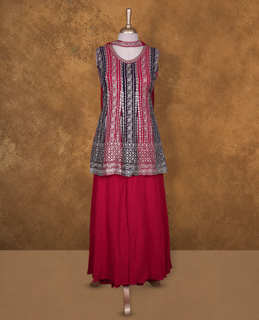 Reddish pink & deep purple colour sharara set featuring gold stone pattern neckline, sleeves, and stone & thread pattern across on body , Paired with a matching dupatta