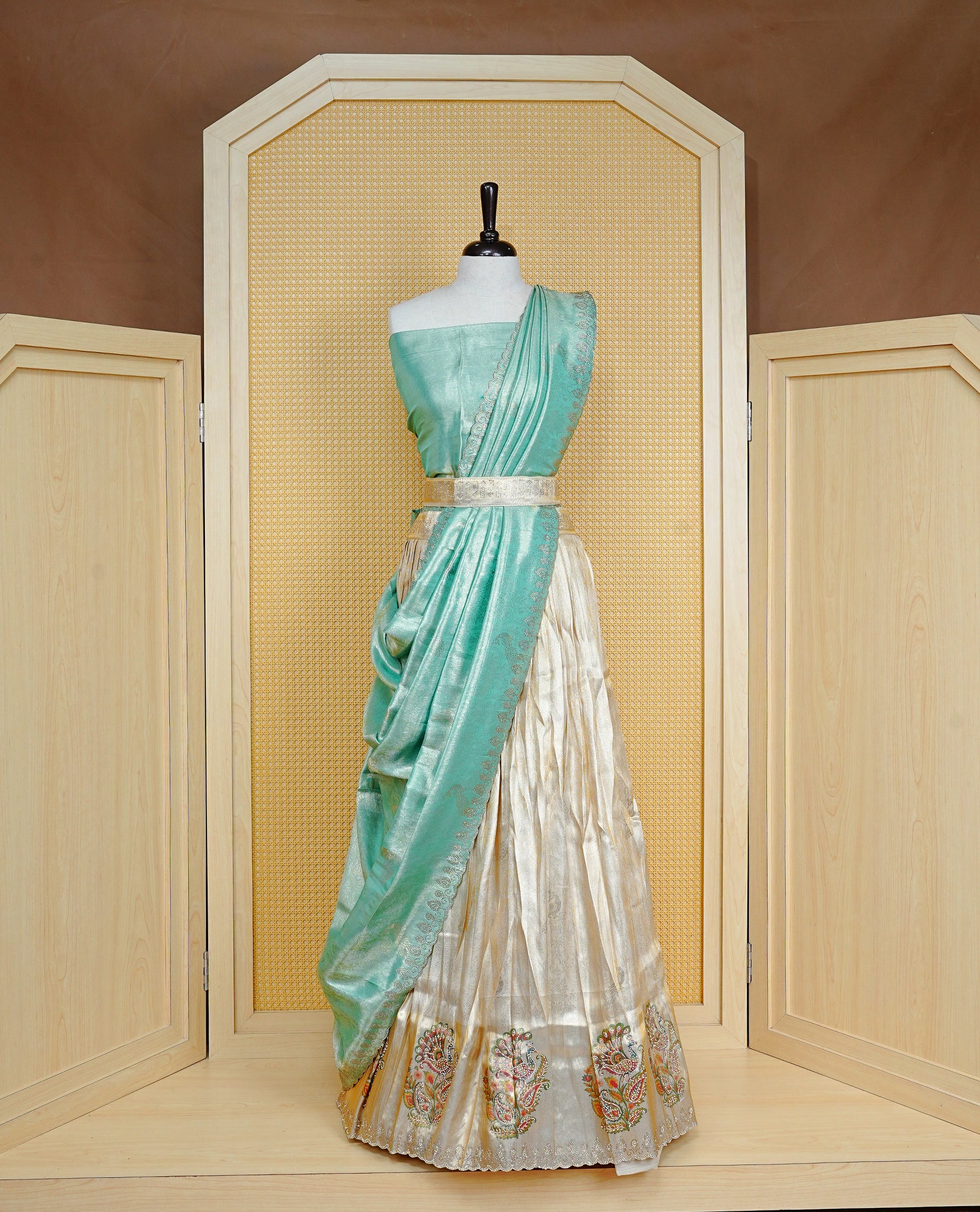 Light gold & Mint Semi Stitched Dhavani Set Light Gold Skirt With Peacock Pattern With Stone Worked Border, Paired with Unstitched Blouse, Elegant Dupatta For Prefect look.