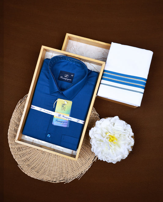 Royal Blue colour RAMAJAYAM shirt paired with a matching dhoti, finishing with a Blue & Gold kara