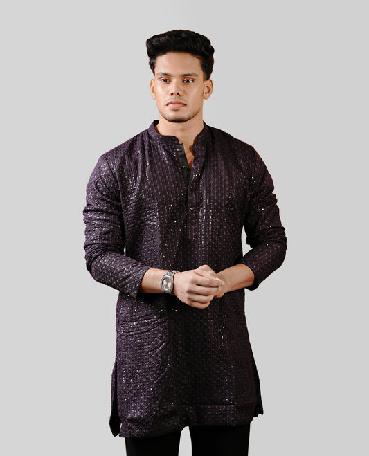 Dark purple colour men's kurta featuring elegant thread and sequins work on the body, complemented by full sleeves for a refined and festive look.