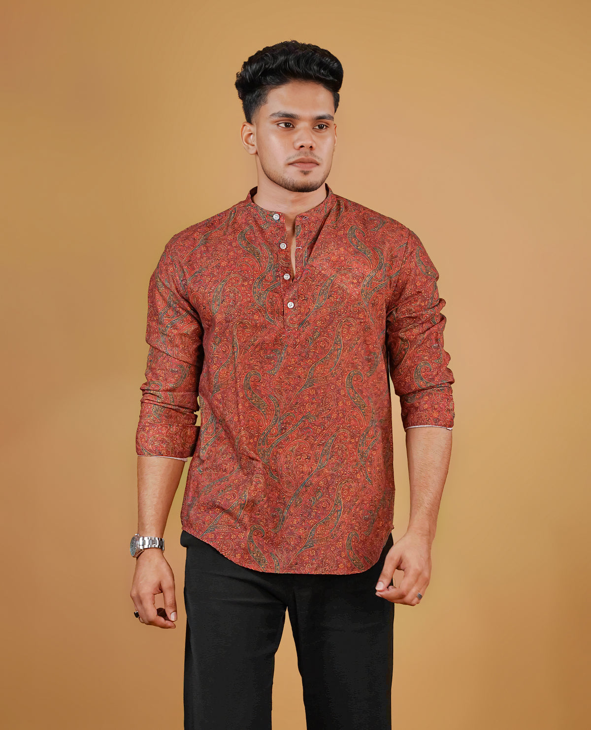 Brick Red colour men's kurta featuring elegant Print on the body, complemented by sleeves for a refined and festive look.