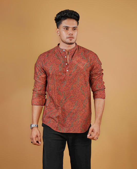 Brick Red colour men's kurta featuring elegant Print on the body, complemented by sleeves for a refined and festive look.