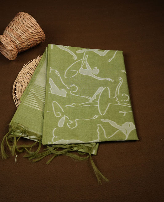 Green colour semi tussar silk saree, featuring an intricate white dancing women motif on the body and pallu with gold zari , comes with matching blouse.