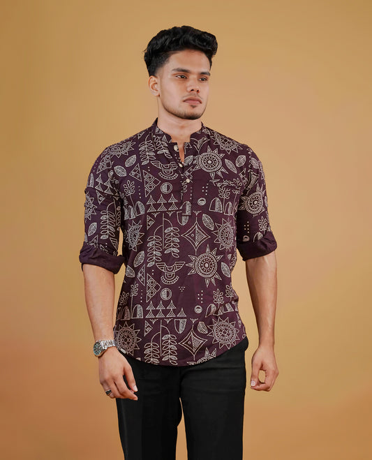 Chocolate Brown colour men's kurta featuring elegant Print on the body, complemented by sleeves for a refined and festive look.