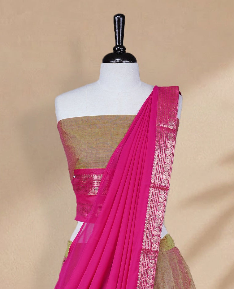 Olive & Pink double shade colour Half saree featuring Plain skirt with Zari border on contrast Pink colour border, Unstitched Blouse and matching dupatta.