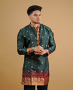 Green colour men's kurta featuring elegant Gold zari buttas on body, complemented by sleeves for a refined and festive look.