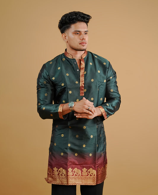 Green colour men's kurta featuring elegant Gold zari buttas on body, complemented by sleeves for a refined and festive look.