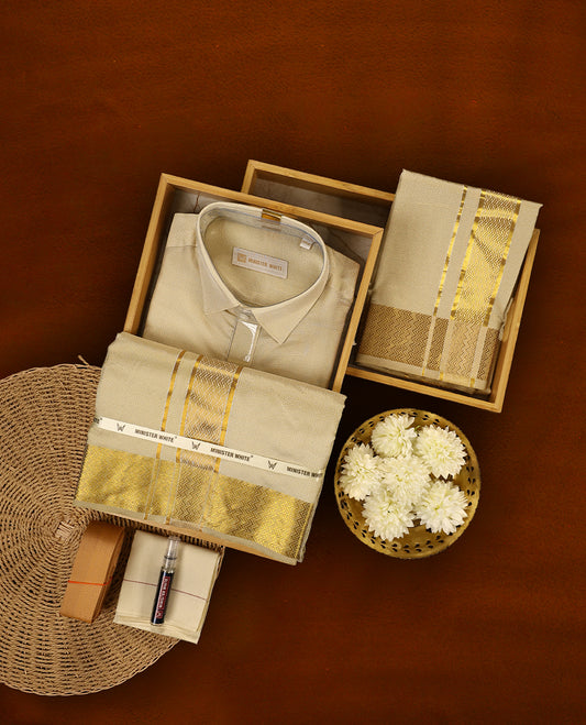 Fawn gold colour MINISTER WHITE shirt with a subtle textured finish, paired with a cream dhoti featuring a rich golden zari border and intricate zig-zag pattern, creating a graceful festive ensemble.