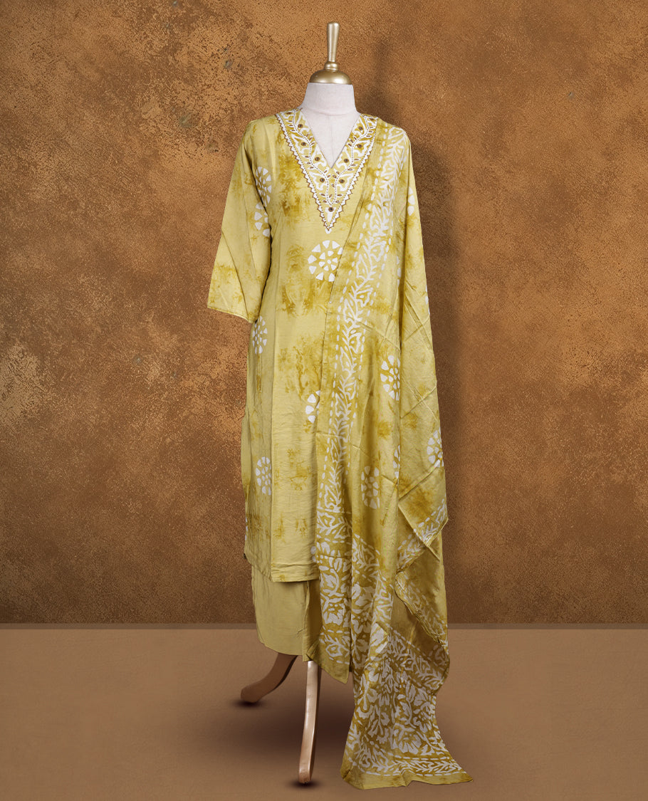 Light olive and white colour churidar set featuring thread embroidered on neckline, sleeves, and white printed pattern on body , Paired with a matching dupatta