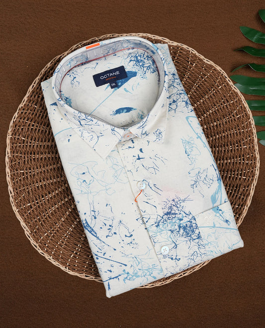 Off White with Blue Colour Printed OCTANE Full Sleeve Slim Fit Shirt for Men