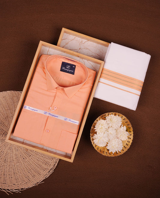 Light orange Colour shirt paired with a matching dhoti, finished with a Light orange and gold border.