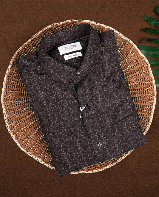 Brown colour shirt with soft floral prints all over, featuring a classic collar and full sleeves for a refined look.
