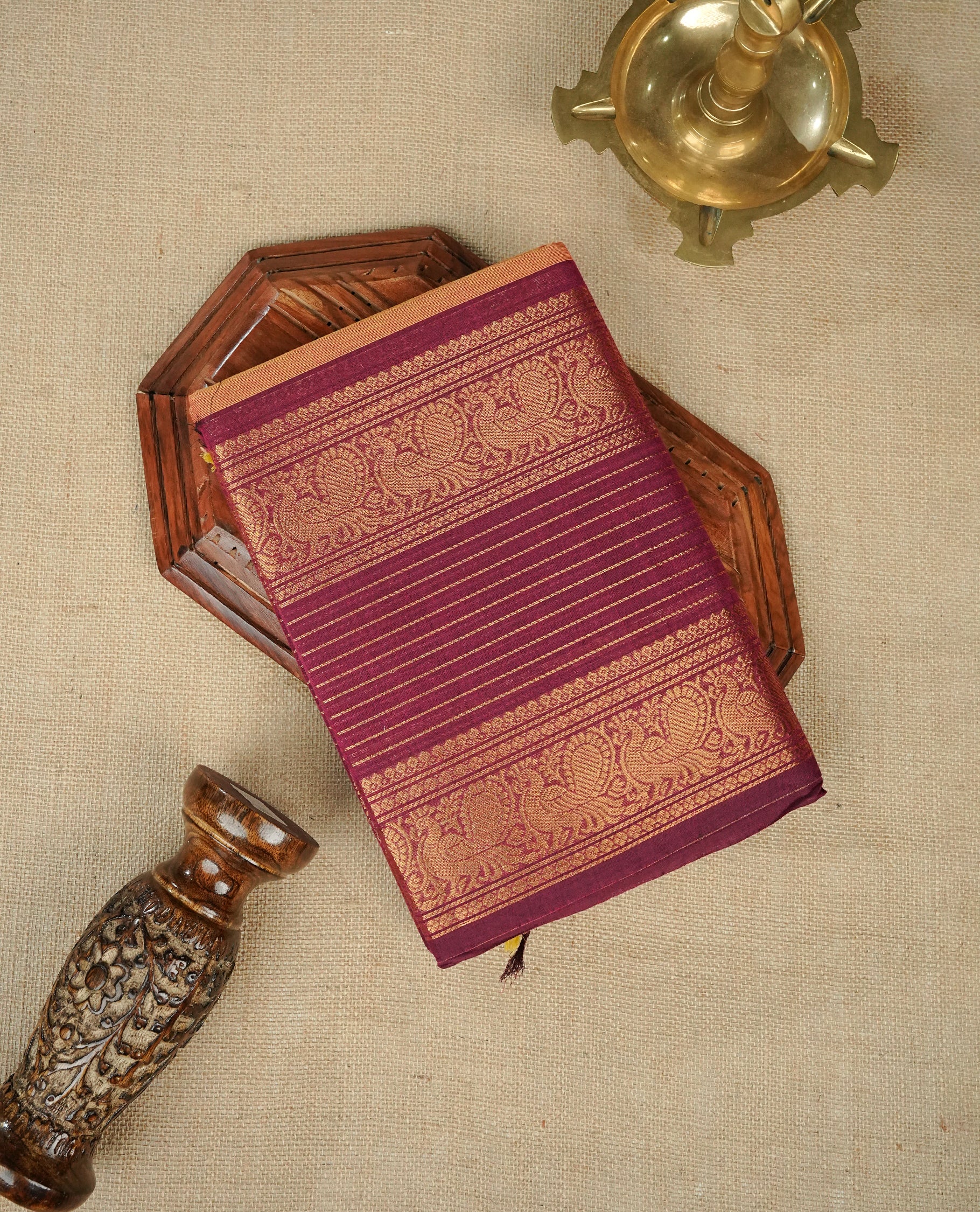 Mustard Colour Chettinad Cotton Saree Featuring Elegant plain Body, Complemented by a Maroon Border with gold zari strips & Peacock pattern, Paired with a Matching Blouse Piece.