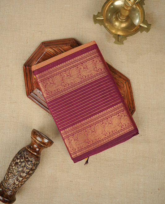 Mustard Colour Chettinad Cotton Saree Featuring Elegant plain Body, Complemented by a Maroon Border with gold zari strips & Peacock pattern, Paired with a Matching Blouse Piece.