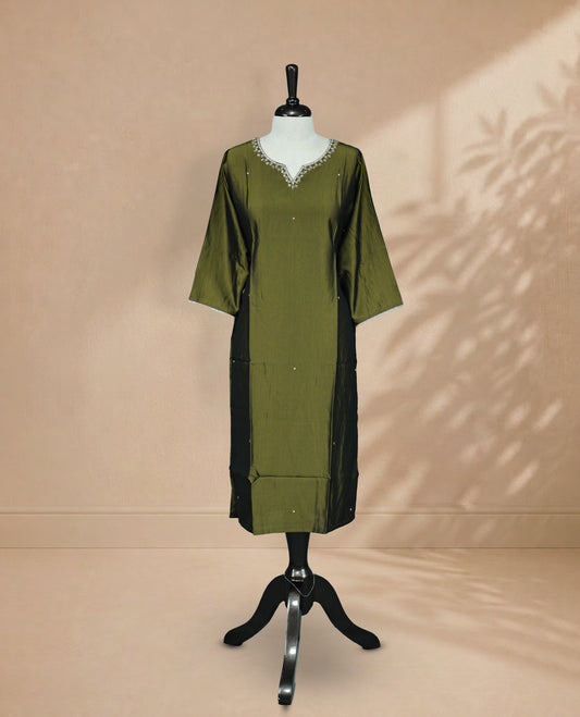 Olive Kurti featuring beadwork across the body, a V-shaped neckline adorned with bead and stonework, and a 3/4-sleeve design.