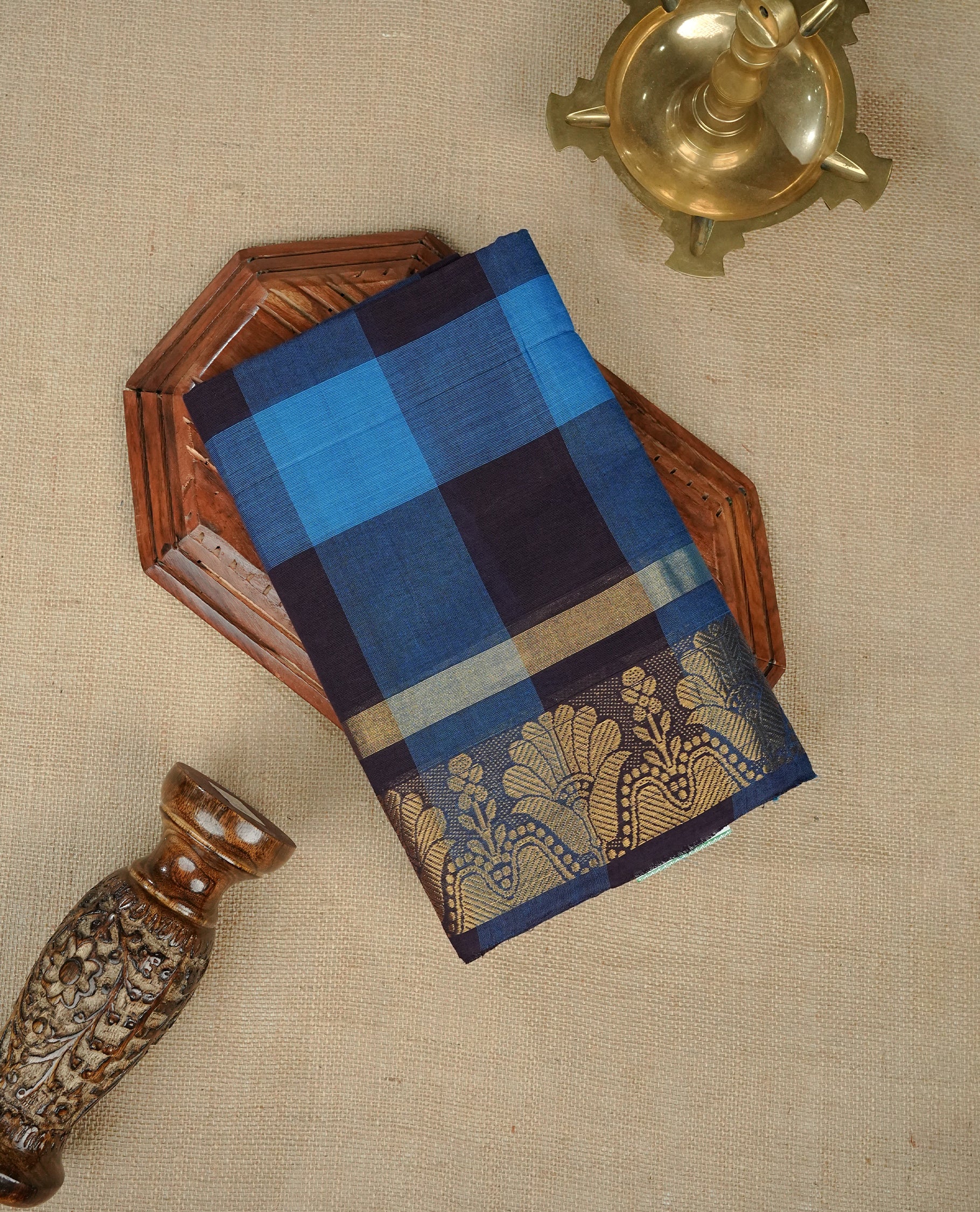 Deep purple & Blue colour chettinad cotton saree featuring check pattern on body, complemented by Self Colour with gold zari border, comes with matching blouse piece.