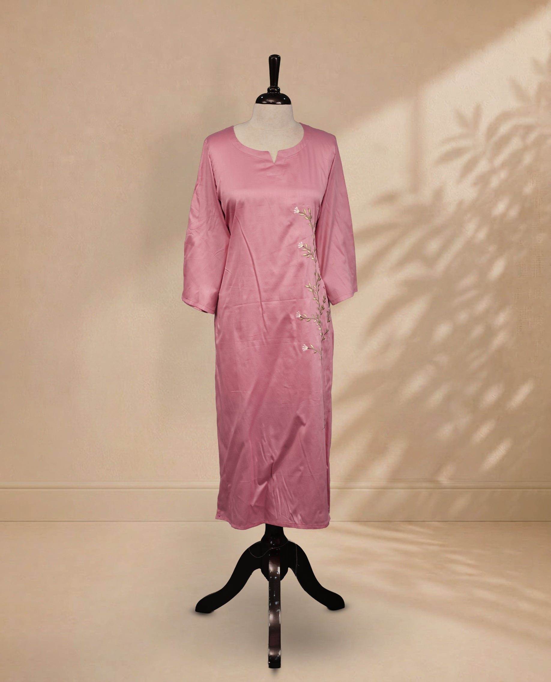 Peach Pink Colour  Kurti Featuring U-Shaped Neckline ,delicate  floral vine embroidery Work On Body & Sleeve