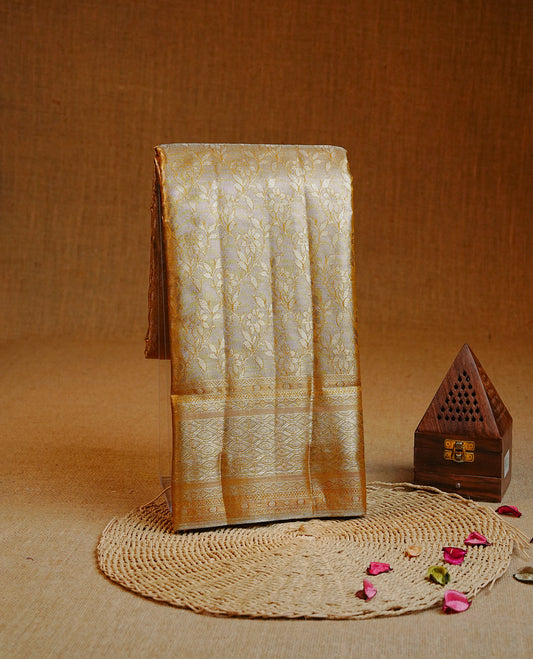 Mustard & Silver colour Double shade Semi tissue silk saree featuring silver zari kodi pattern on body, self colour with traditional border, paired with matching.