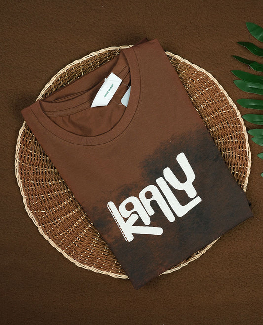 Brown T-shirt with a bold white graphic print, classic round neck, and short sleeves, made from soft breathable fabric.