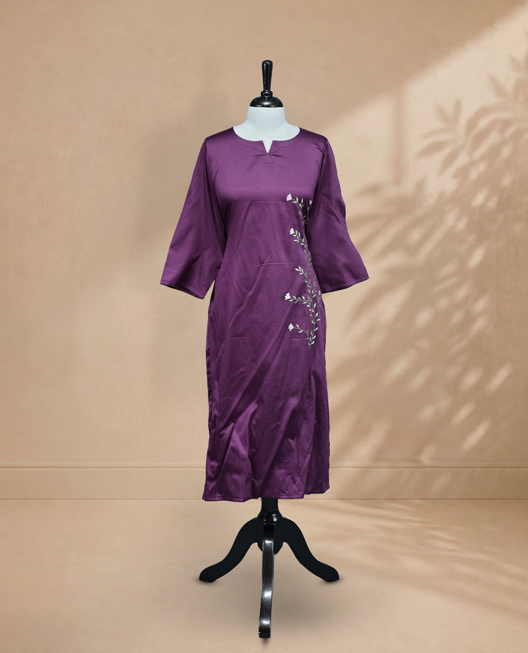 Purple Colour Kurti Featuring U-Shaped Neckline, delicate  floral vine embroidery Work On Body & Sleeve
