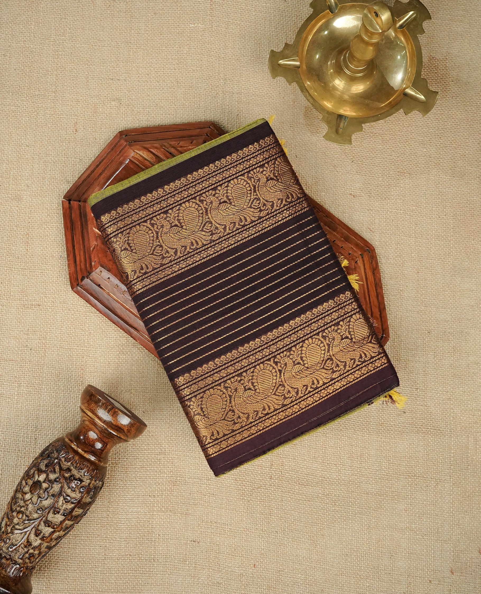 Lemon green Colour Chettinad Cotton Saree Featuring Elegant plain Body, Complemented by a Chocolate Border with gold zari strips & Peacock pattern, Paired with a Matching Blouse Piece.