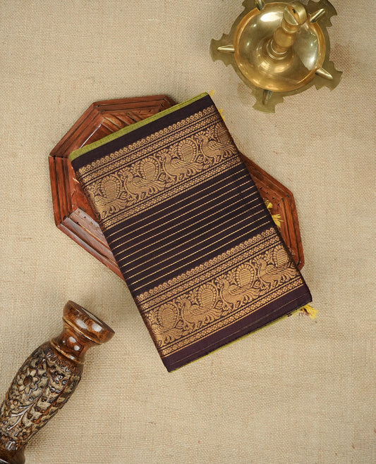 Lemon green Colour Chettinad Cotton Saree Featuring Elegant plain Body, Complemented by a Chocolate Border with gold zari strips & Peacock pattern, Paired with a Matching Blouse Piece.