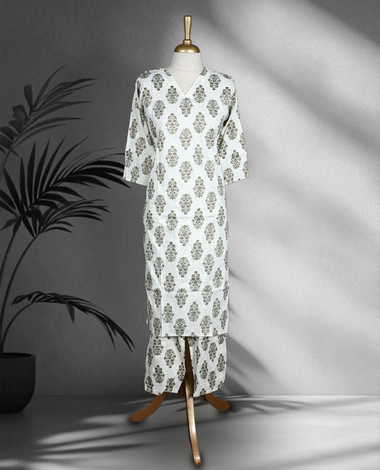 Off white colour cord set with green floral block print, featuring a V neck kurta with a straight silhouette and side slits, paired with matching wide leg pants.