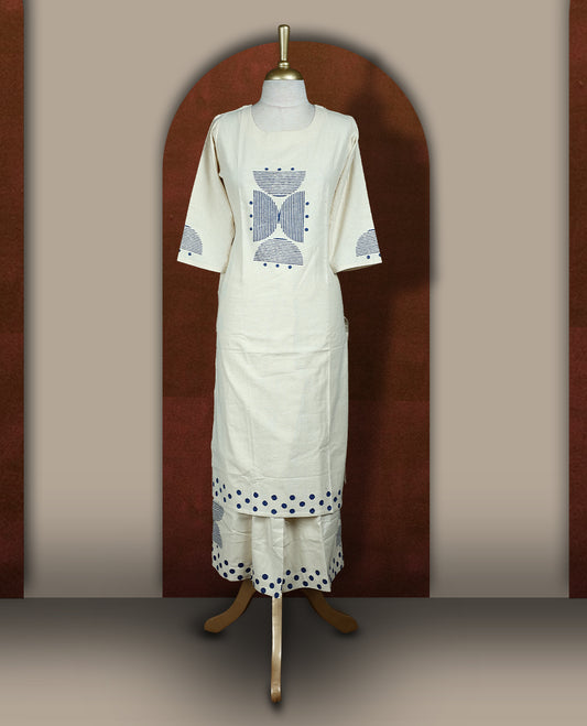 Cream colour cotton co-ord set featuring with navy geometric prints and polka dots & comes with matching bottom.
