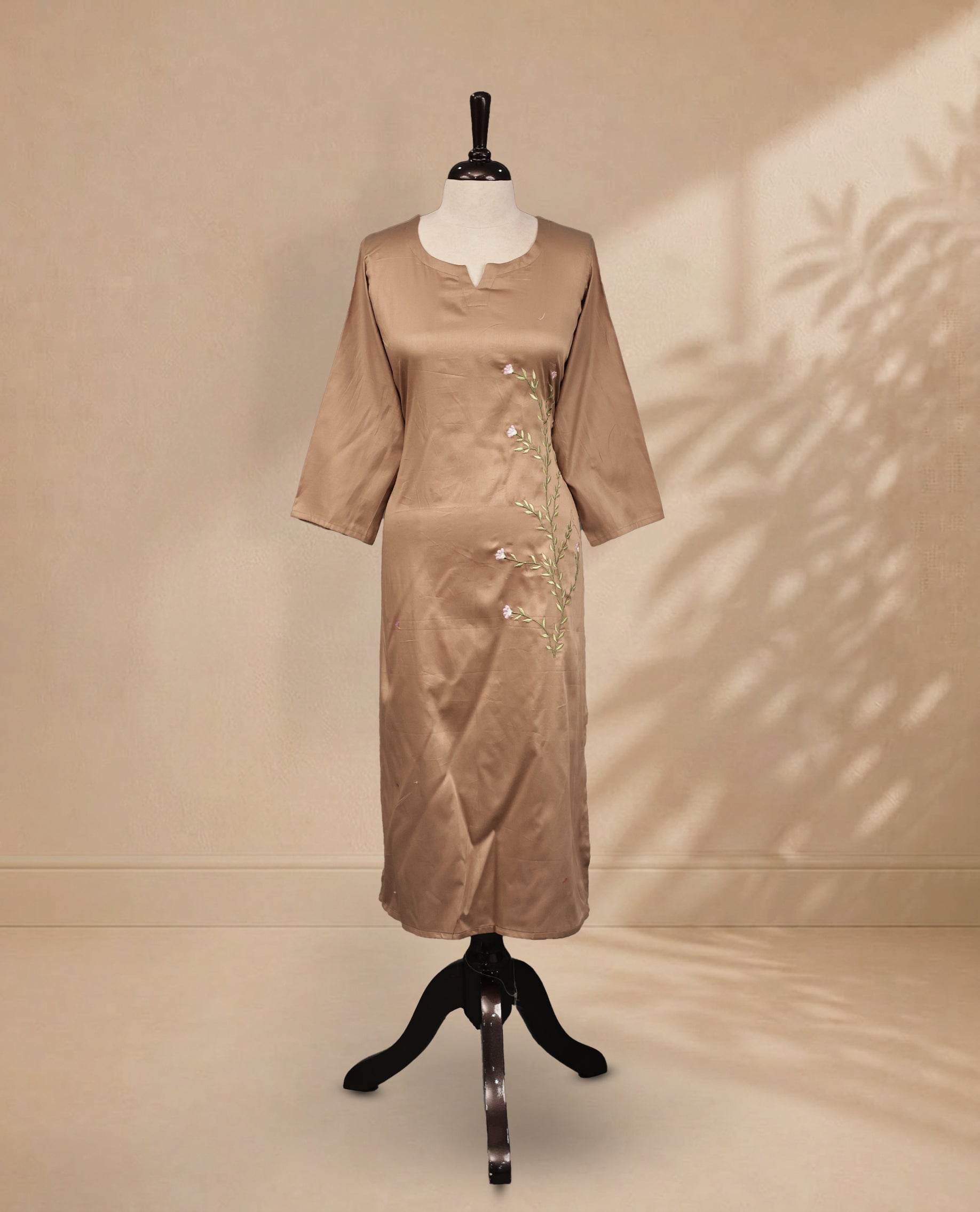 Light Brown Colour Kurti Featuring U-Shaped Neckline, delicate  floral vine embroidery Work On Body & Sleeve
