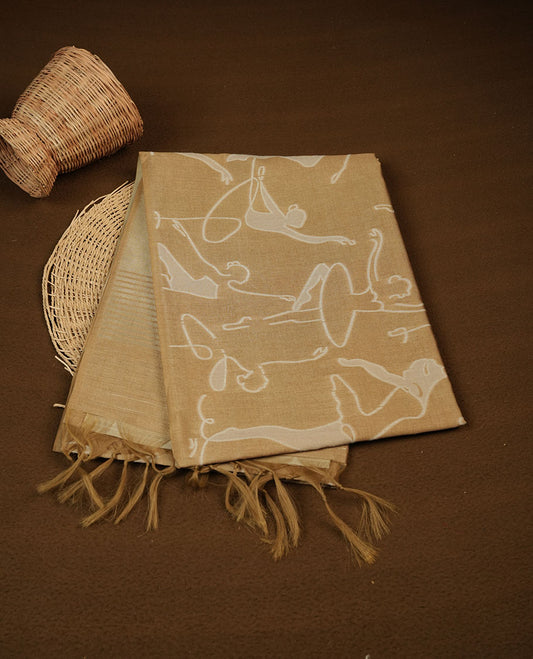 Mustard colour semi tussar silk saree, featuring an intricate white dancing women motif on the body and pallu with gold zari , comes with matching blouse.