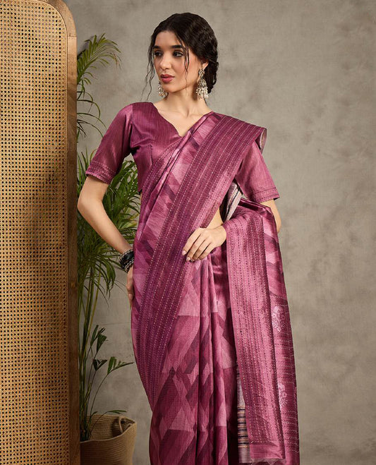 Grape toned semi Tussar saree featuring contemporary fancy prints across the body, enhanced with a subtle Katha style stitched border, paired with a matching blouse for a stylish and elegant ethnic look.