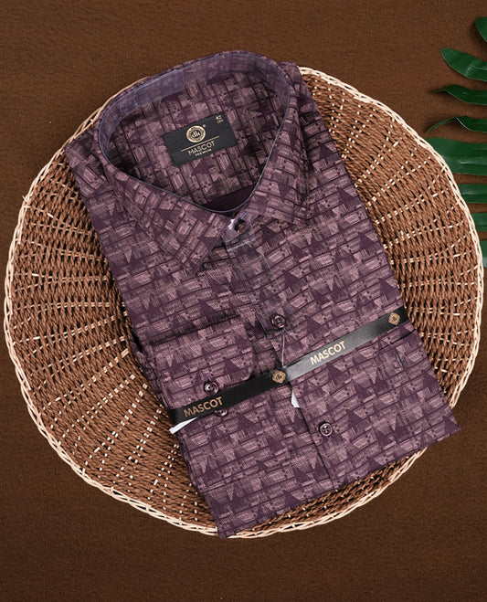Wine colour geometric print shirt with a classic spread collar and full sleeves, Crafted from a premium cotton blend, it offers comfort and elegance.