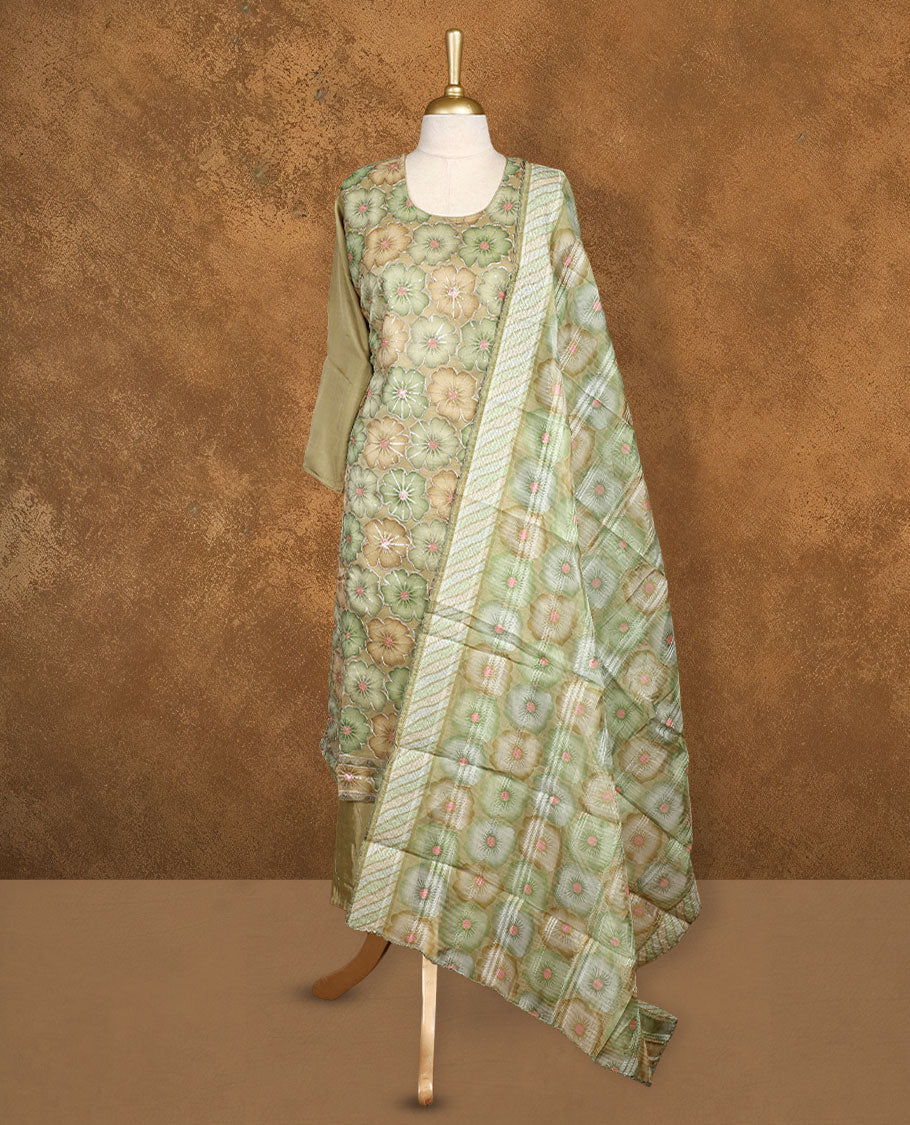 Light Green colour churidar set featuring U neckline, sleeves, and thread embroidery printed pattern on body , Paired with a matching dupatta
