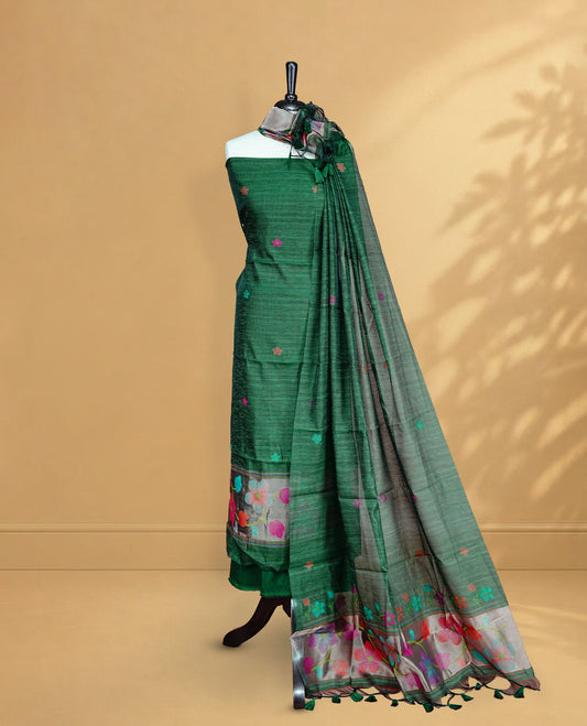 Green Colour Salwar material Featuring floral buttas & zari work on body, paired with Matching Bottom and same Patterned Dupatta.