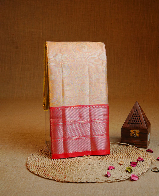 Light Bronze colour Semi tissue silk saree featuring Light pink & Gold Zari  kodi pattern on body, Contrast Red colour with traditional border, paired with matching.