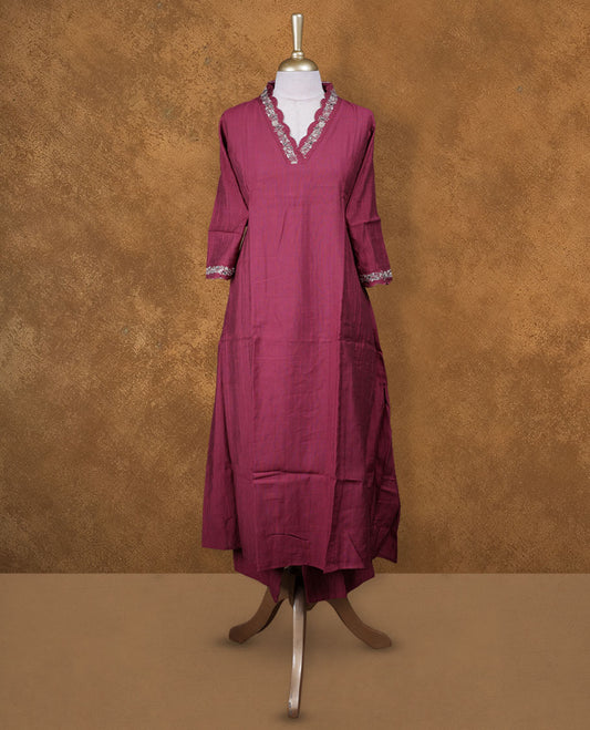 Burgundy colour coord set with styled with a collar V with sweetheart and thread & beats on neckline & sleeve,floral , knee length design, with matching bottom .