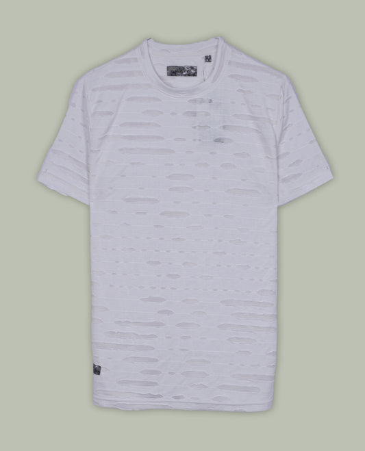 Off white colour textured T shirt featuring a crew neck and short sleeves, Made from lightweight, breathable fabric with a unique distressed pattern that adds a modern, casual edge to your everyday look.