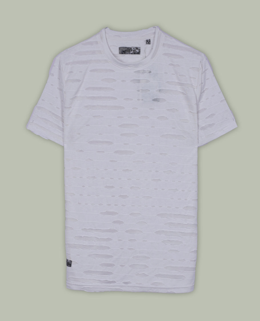Off white colour textured T shirt featuring a crew neck and short sleeves, Made from lightweight, breathable fabric with a unique distressed pattern that adds a modern, casual edge to your everyday look.